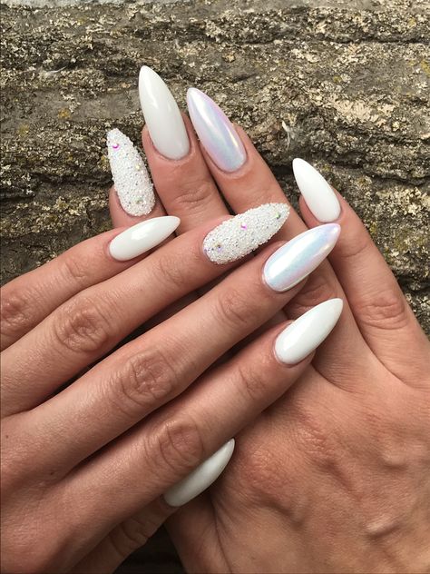 White Swarovski Nails, White Nails Crystals, White Nails With Crystals, White Mermaid Nails, White Iridescent Nails, Almond Nails Winter Colors, Nails Swarovski Crystals, Almond Nails Winter, Nail Art Blanc