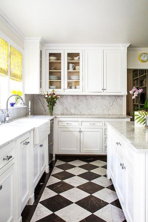 White and Black Harlequin Kitchen Floors - Transitional - Kitchen Older Kitchen, Checkered Floor Kitchen, Checkered Flooring, White Kitchen Floor, White Tile Kitchen Floor, Black And White Flooring, Popular Kitchen Designs, Black White Kitchen, White Kitchen Tiles