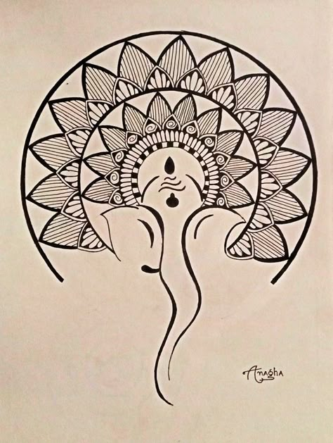 Ganapati Bappa Drawing Easy, Ganeshji Mandala Art, Ganapati Bappa Sketch, Ganesha Art Simple, Mandala Creative Ideas, Ganeshji Drawing Easy, Mandala Art Canvas Painting, Ganapati Mandala Art, Ganapati Drawing Easy