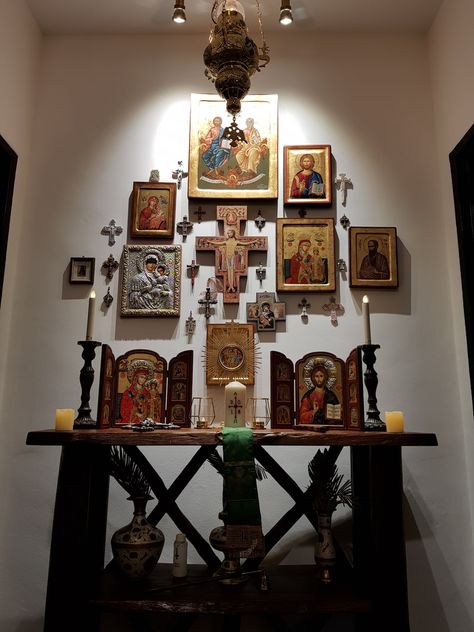 An altar at the Eastern wall of the home.  www.newarundel.weebly.com Iconostasis Home, Orthodox Prayer Corner, Altar Design Home Catholic, Altar Design Home, Catholic Altar Home, Home Alter, Catholic Home Altar, Icon Corner, Altar Catholic