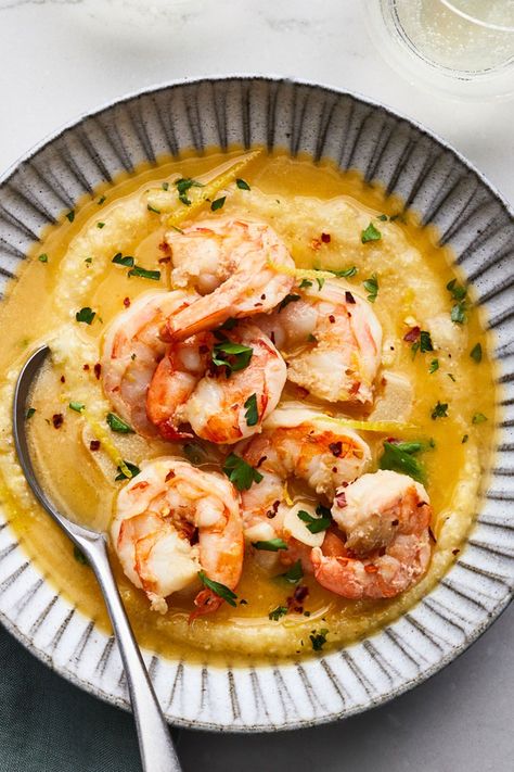 Shrimp With Polenta, Shrimp And Polenta, Buttery Shrimp, Polenta Recipe, Recipes Fish, Polenta Recipes, Table D Hote, Seafood Entrees, Creamy Polenta