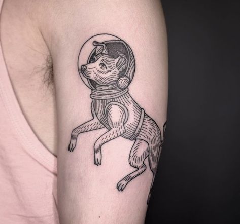 Dog In Space Tattoo, Laika Space Dog Tattoo, Isle Of Dogs Tattoo, Space Dog Tattoo, Laika Tattoo, 7 Tattoo, Isle Of Dogs, Mother Tattoos, Space Dog