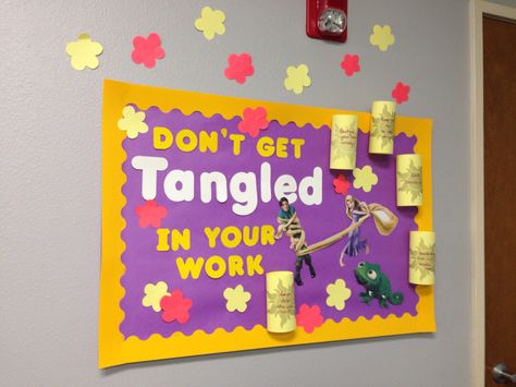 Tangled Bulletin Board Rapunzel Bulletin Board Ideas, Rapunzel Classroom Theme, Tangled Themed Classroom, Tangled Bulletin Board, Disney Hallway, Bulletin Boards Ra, Tangled Wall Mural, Disney Themed Reading Bulletin Board, Dorm Hallway