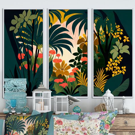 This beautiful "Blossoming And Vibrant Jungle Flora I" 3 Panels Framed Canvas Art is printed using the highest quality fade-resistant ink on canvas. Nautical Colors, Ink On Canvas, Mural Floral, Black Picture Frames, Gold Picture Frames, Mountain Wall Art, Natural Frame, Canvas Wall Art Set, Botanical Wall Art