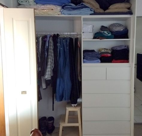 I wanted shelves and wide drawers for my closet. Eventually I hit on the idea of an IKEA hack, using the GALANT shelving unit on top of the MALM dresser. Malm Dresser Closet, Malm Closet Hack, Ikea Closet Hacks, Wardrobe Ikea, Drawers For Closet, Ikea Closet Hack, Closets Ideas, Closet Redo, Ikea Malm Dresser