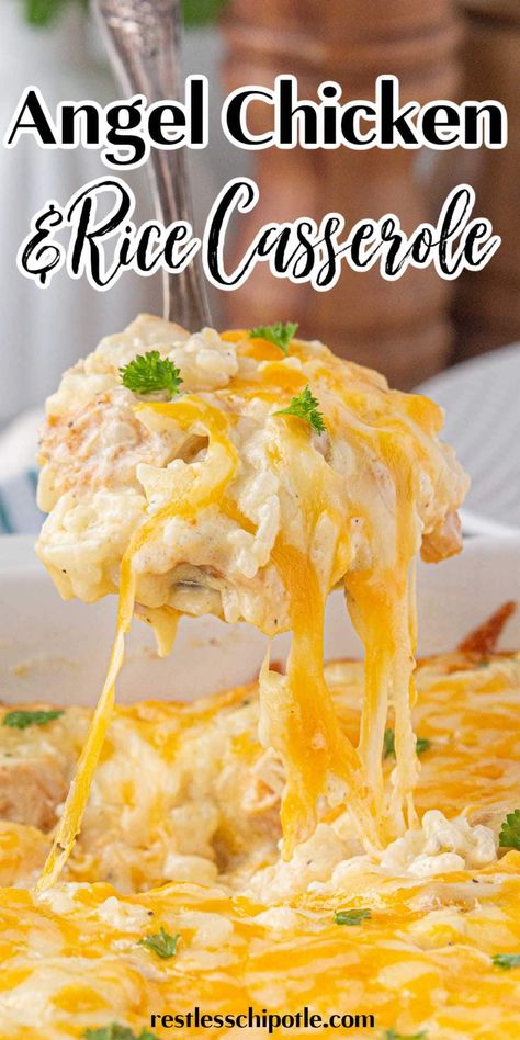 Easy Creamy Angel Chicken and Rice Casserole Recipe - Restless Chipotle Creamy Angel Chicken And Rice, Chicken Rice Celery Casserole, Stouffers Grandmas Chicken And Rice Bake Copycat, Curry Casserole Recipes, Cheesy Sour Cream Chicken Casserole, Chicken Rice Sour Cream Casserole, Chicken And Rice With Cream Cheese, One Pot Cheesy Chicken And Rice, Frozen Chicken And Rice Casserole