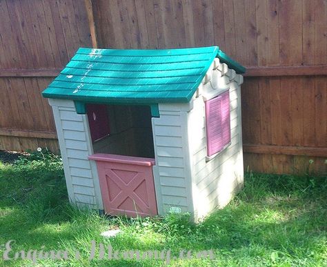 When we purchased our current house, the former owners left behind a Little Tikes playhouse! It was old and faded, but I knew it could be easily updated. I knew… Little Tikes Playhouse Makeover, Diy Backyard Movie, Backyard Movie Theaters, Playhouse Makeover, Diy Cornhole Boards, Wicker Laundry Hamper, Outdoor Makeover, Rustic Backsplash, Outdoor Playhouse