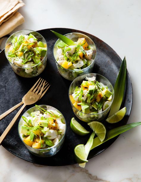 CEVICHE with Grilled Pineapple, Tomatillos, and Jalapeño Raw Fish, Grilled Pineapple, Corn Chips, Fresh Corn, Sea Food, Citrus Fruit, Glass Dishes, Fresh Rolls, Paleo Gluten Free