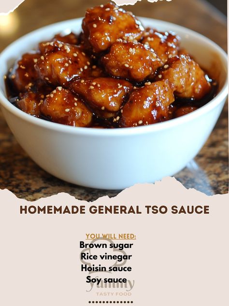 🍯🔥 Add bold flavor to your meals with Homemade General Tso Sauce—a delicious mix of sweet, tangy, and spicy! 🍲🔥 #HomemadeSauce #GeneralTso Homemade General Tso Sauce Ingredients: Soy sauce (1/4 cup) Hoisin sauce (2 tbsp) Rice vinegar (2 tbsp) Brown sugar (2 tbsp) Garlic (2 cloves, minced) Ginger (1 tsp, grated) Cornstarch (1 tbsp) Water (1/4 cup) Red pepper flakes (1/4 tsp, optional) Instructions: In a small bowl, whisk together soy sauce, hoisin sauce, rice vinegar, brown sugar, garlic, ... Easy General Tso Sauce, General Tso Sauce, Cozy Fall Recipes, General Tso, Festive Drinks, Hoisin Sauce, Homemade Sauce, Hearty Soups, Small Bowl