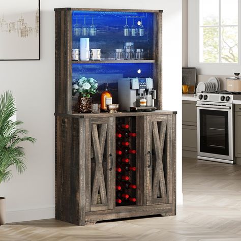 (Promoted) Wine Bar Cabinet, LED Farmhouse Liquor Cabinet Coffee Bar with Adjustable Shelves, 65 Inch Buffet Kitchen Storage Cabinet for Dinning Room, Kitchen, Living Room, Dark Rustic Oak #winecabinetwithstorage Rustic Oak Kitchen Cabinets, Cabinet Coffee Bar, Buffet Kitchen, Corner Bar Cabinet, Wood Bar Cabinet, Living Room Dark, Farmhouse Storage Cabinets, Mesh Doors, Home Bar Cabinet