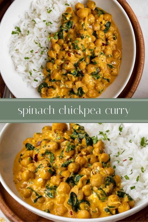 Ready in 30 minutes, this chickpea spinach curry is a quick and easy vegetarian curry that is perfect for a weeknight meal. Plus, leftovers keep well in the fridge and freezer. Green Chickpea Curry, Spinach Lunch Ideas, Freezer Curry, Green Curry Chickpeas, Chickpea Spinach Curry, Easy Vegetarian Curry, Kay Nutrition, Chickpea Recipes Easy, Chickpea Spinach