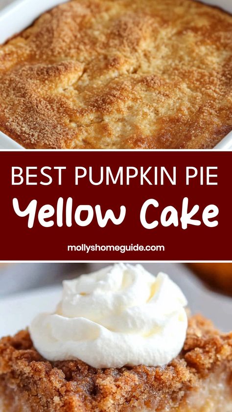 Indulge in the irresistible combination of pumpkin pie and yellow cake with this mouthwatering dessert recipe. The rich, spiced flavors of pumpkin pie meld perfectly with the buttery sweetness of yellow cake for a treat that is sure to satisfy any sweet tooth. Whether you're hosting a fall gathering or simply craving a cozy treat, this dessert is guaranteed to be a crowd-pleaser. Pumpkin Puree And Yellow Cake Mix Recipe, Pumpkin Haupia Pie Recipe, Pumpkin Pie Cake Recipe Easy, Yellow Cake Pumpkin Recipe, Pumpkin Pie Mix Recipes Easy, Pumpkin Yellow Cake Mix Dessert, Easy Pumpkin Pie Cake, Pumpkin Crisp Yellow Cake, Pumpkin Squares Recipe Yellow Cakes