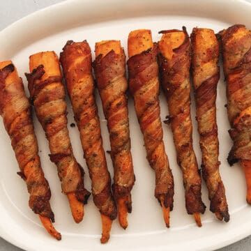 Savory Bacon Wrapped Carrots Recipe • Low Carb with Jennifer Bacon Wrapped Carrots With Maple Glaze, Bacon Wrapped Carrots Brown Sugar, Bacon Wrapped Carrots, Air Fry Bacon, Bacon Wrapped Recipes, Keto Mashed Cauliflower, Savory Bacon, Sweet Carrots, Carrots Side Dish