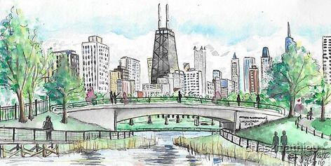 Chicago Skyline Watercolor, Chicago Watercolor, Chicago Painting, Chicago Spring, Chicago Landscape, Lincoln Park Chicago, Chicago Street, Inspiration Painting, Chicago Art