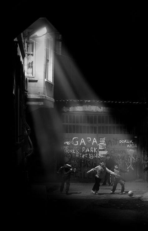 Night soccer by ~bermek on deviantART Street Photography People, Black And White Words, Black And White People, Night Street, Black And White City, Foto Art, Cinematic Photography, White Picture, City Photography