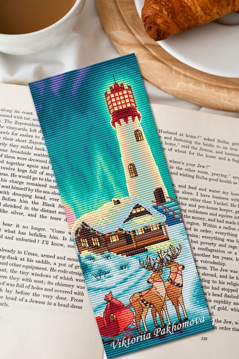 Winter lighthouse bookmark cross stitch pattern pdf | Patreon Lighthouse Bookmark, Winter Lighthouse, Bookmark Cross Stitch Pattern, Deer Embroidery, Bookmark Cross Stitch, Christmas Tapestry, Cross Stitch Books, Cross Stitch Bookmarks, Embroidery Works