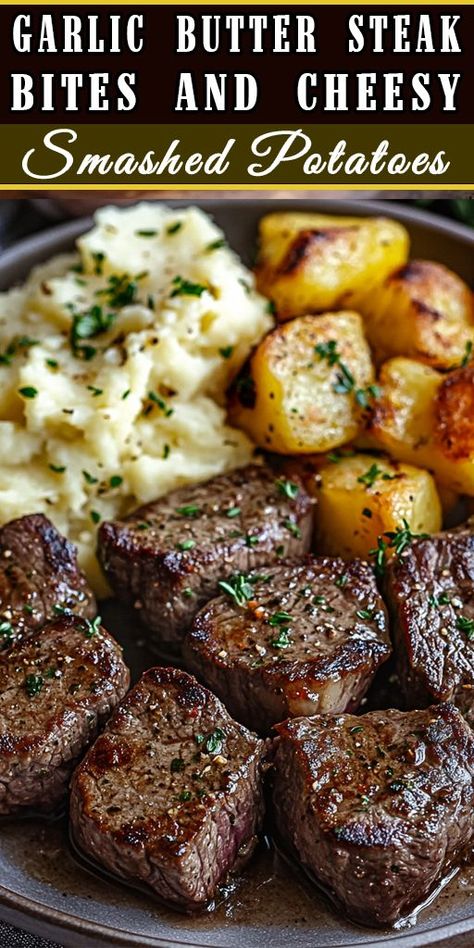 🔥 Garlic Butter Steak Bites & Cheesy Smashed Potatoes 🥩🧄 is a flavor-packed dish perfect for dinner! Tender, juicy steak bites cooked in rich garlic butter are paired with crispy, cheesy smashed potatoes that melt in your mouth. ✨ Ready to bring restaurant-quality food to your home kitchen? Save this Pin and try it today! 📌 Tag a friend who loves steak! 👇 #GarlicButterSteak #SmashedPotatoes #EasyDinnerIdeas Garlic Butter Steak And Potatoes Skillet, Steak Tips And Potatoes, Steak Gnocchi, Steak And Potatoes Recipes, Steak Dinner Ideas Sides, Juicy Steak Bites, Steak And Mashed Potatoes, Garlic Butter Steak Bites, Butter Steak Bites