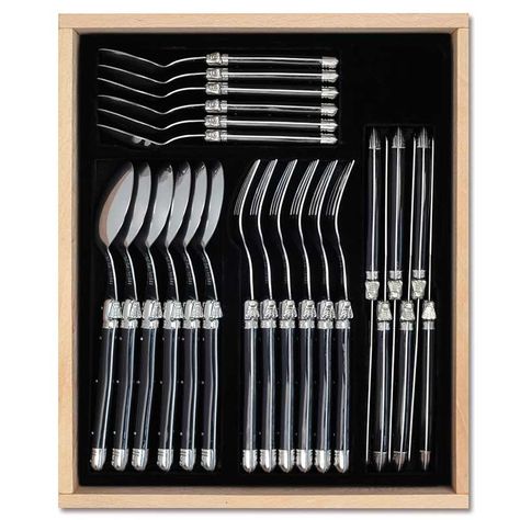 Add some french sophistication to your dining table with the black 24 Piece Cutlery set in a sleek black gift tray from Laguiole. Made from 18/10 stainless steel and presented in a wooden gift tray with a velvet black finish the cutlery set will certainly impress. Luxury Cutlery Set, Laguiole Cutlery, Black Cutlery, Gift Tray, Black Tray, Champagne Region, Cutlery Sets, Black Dining Room, Wooden Gift Boxes