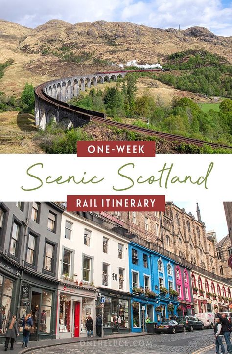 Visiting Scotland by train – a one-week scenic Scottish rail trip itinerary, featuring, Edinburgh, Glasgow, Fort William, the Isle of Skye and Inverness, with details of what trains to book, how much they cost and what to see and do | Scotland by train | Visit Scotland | Scotland itinerary Ireland Scotland England Itinerary, One Week In Scotland, Scotland Train Travel, Scotland Itenary, London To Scotland By Train, Train In Scotland, Scotland Travel By Train, 1 Week Scotland Itinerary, 7 Day Scotland Itinerary