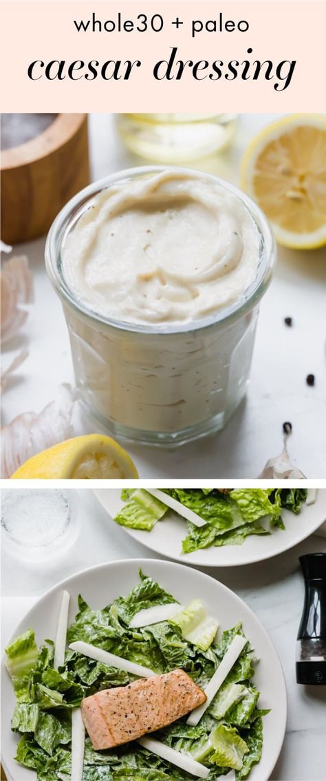 This Whole30 Caesar dressing is one of my favorite Whole30 salad dressing recipes! Rich, tangy, and garlicky, it comes together so easily with an immersion blender, making it "dump Caesar dressing"! This Whole30 Caesar dressing is great to have in the fridge and makes a delicious, easy side. You've got to try this "dump Caesar dressing"! #whole30 #condiments Dairy Free Salad, Whole 30 Sauces, Whole30 Salad Dressing, Dairy Free Caesar Dressing, Whole30 Salad, Dairy Free Salad Dressing, Dairy Free Salads, Spice Rubs, Steamed Sweet Potato