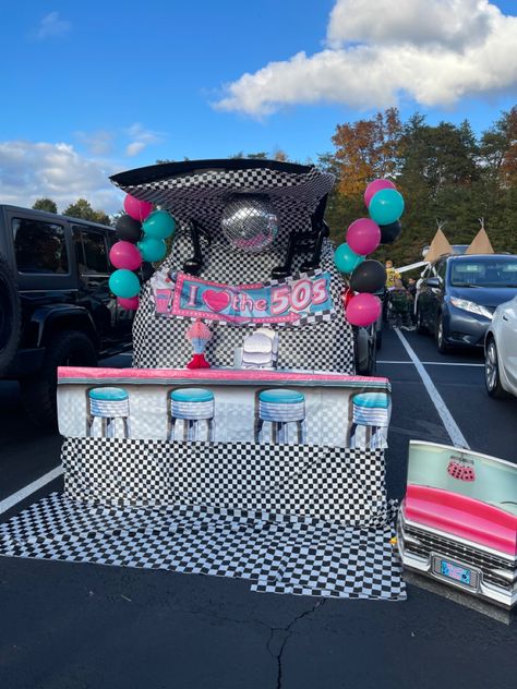 60s Trunk Or Treat Theme, Trunk Or Treat Ideas For Cars 50s Theme, 1950s Float Ideas, 80s Trunk Or Treat Ideas, Grease Parade Float Ideas, Trunk Or Treat Girly, Trunk Or Treat Grease Theme, Diner Trunk Or Treat Ideas, Elvis Trunk Or Treat Ideas