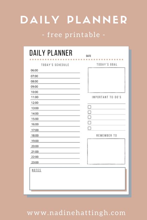 Free Daily Printable Planner | Nadine Hattingh Daily Planner With Time Slots, Diy Study Planner Ideas, Daily Planner Template Free, Free Printable Daily Planner Template, Free Daily Planner Printables, Day Planner Printables, Planner With Time, Daily Timetable, Daily Study Planner