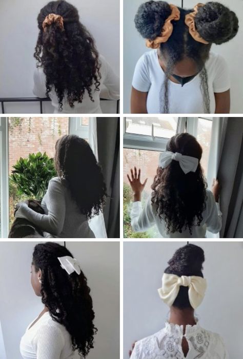 Soft Black Curly Hair, 4c Natural Hairstyles Coquette, Natural Hair With Ribbon, Bow Natural Hair, Natural Hair Scrunchie Hairstyles, Feminine Black Hairstyles, Coquette Natural Hair, Long 4c Natural Hair Hairstyles, Natural Hair With Bow