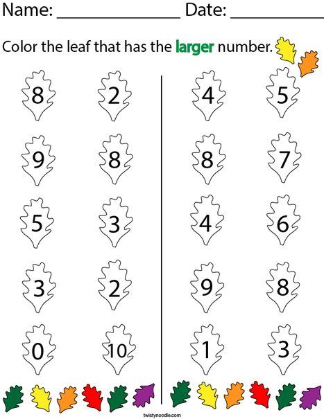 Color the leaf that has the larger number Math Worksheet - Twisty Noodle Montessori Math Worksheets, Comparing Numbers Kindergarten, Preschool Counting Worksheets, Preschool Program, Preschool Number Worksheets, Kindergarten Math Worksheets Free, Montessori Science, Twisty Noodle, Toddler Homeschool