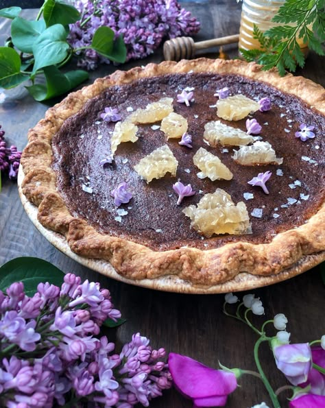 Lilac Salty Honey Pie | The Lemon Apron - sub culinary lavender Unique Flavor Combinations, Lavender Pie, Beltane Recipes, Cowboy Cafe, Lilac Sugar, No Fail Pie Crust, Witchy Recipes, Maldon Salt, Lotr Party