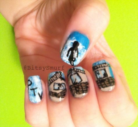 Nail art inspired by Pierce The Veil's "Collide With The Sky" album art #PTV Pierce The Veil Acrylic Nails, Pierce The Veil Painting Ideas, Pierce The Veil Nails, Pierce The Veil Phone Theme, Pierce The Veil Collide With The Sky, Collide With The Sky, Veil Diy, Music Nails, Concert Nails