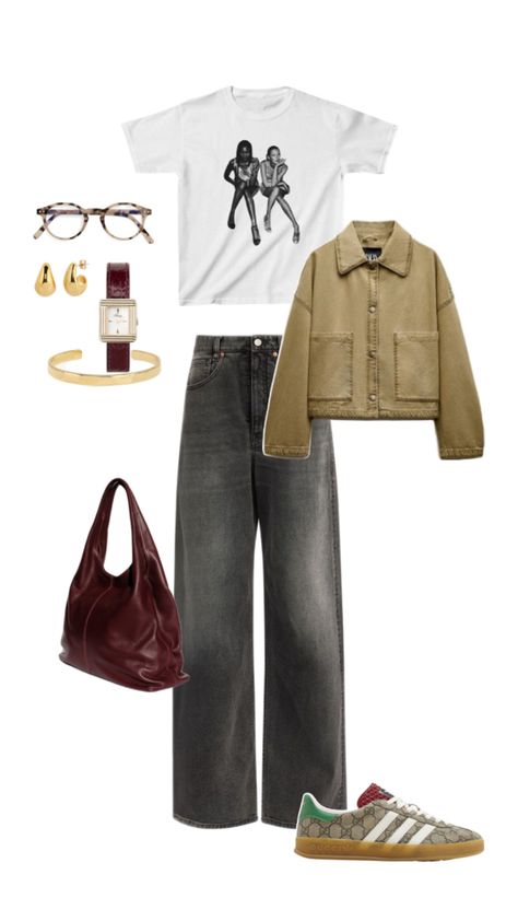 Grey baggy jeans, graphic tee, burgundy shopper bag, beige jacket and Adidas x Gucci gazelle Baggy Jeans Graphic Tee, Grey Baggy Jeans, Burgundy And Beige, Adidas X Gucci, Collage Outfits, Casual Fall Outfit, Burgundy Outfit, Beige Tones, Beige Jacket