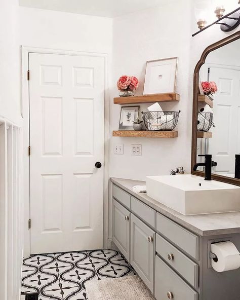 Ahh, the awkward diagonal wall. Make it work for you with floating shelves to hold bathroom essentials and décor. Shelf Ideas For Bathroom, Large Framed Mirror, Floating Wooden Shelves, Floating Shelf Ideas, Wall Storage Ideas, Bathroom Door Ideas, Cozy Office Space, Half Wall Shower, Luxurious Bathtubs