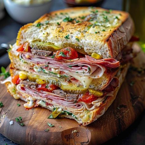 Junked Food Classic Sandwich Recipes, Mufalleta Sandwich, Muffaletta Sandwich Recipe, Muffelata Sandwich Recipe, Sub Sandwich Ideas, Different Sandwiches, Italian Sandwich Recipe, Sandwich Recipes Dinner, Muffaletta Recipe