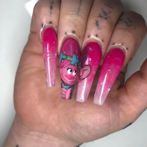 Trolls Inspired Nails, Trolls Nails Design, Trolls Nails, Princess Poppy, Celebrity Nails, Nail Services, Unique Nails, Coffin Nails Designs, Rhinestone Nails