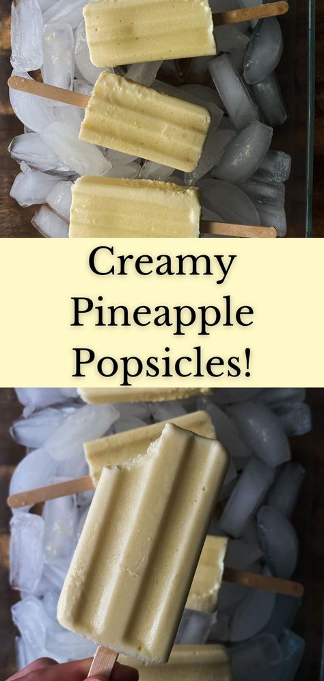 Enjoy a homemade pineapple popsicle outside on a hot summer day! These creamy and tropical pops will be a hit with the whole family, adults, and little ones alike. This pineapple popsicle recipe is a healthier take on this delicious treat. While we spend more and more time outdoors in the heat, homemade popsicles and water are essentials for keeping cool out there! | Helathy summer dessert recipe Pineapple Popsicles Recipes, Mango Popsicle Recipes, Pineapple Popsicles, Breakfast Popsicles, Vegan Popsicles, Mango Popsicles, Diy Pineapple, Sorbet Ice Cream, Healthy Popsicles