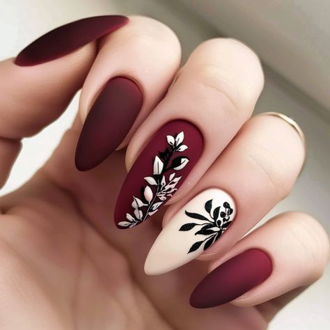 Fall Nail Designs Autumn Classy Coffin, Burgundy Fall Nails 2024, Matron Of Honor Nails, Burgundy Fall Nails Acrylic, Nails To Go With A Burgundy Dress, Black And Maroon Nail Designs, Dark November Nails, Nails Acrylic Winter Colors, Fall Wine Nails