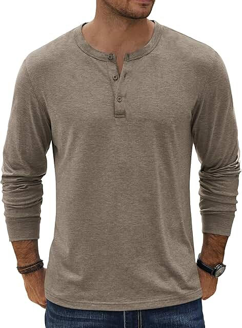 SOFT HENLEY SHIRTS - Men's long sleeve henley shirt is made of premium fabric, comfy, soft, stretchy and lightweight, isn't heavyweight like a waffle-knit henley. The men's 3-button henley shirts is more stylish and classy then a plain cotton t shirt.
BASIC HENLEY STYLE - Men's slim fit henley shirts featuring classic henley neckline, solid color, long sleeve, cuffs design can be better fixed, 3 buttons can help you create a round neck or V-neck style. Cuffs Design, Long Sleeve Henley Men, T Shirt Basic, Fall Tops, Henley Shirt Men, Henley T Shirt, Mens Henley, Henley Shirt, Basic Long Sleeve