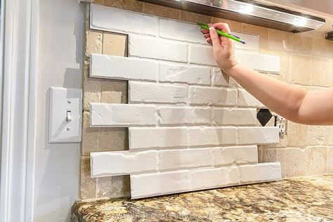 Whitewash Brick Backsplash, Painted Brick Backsplash, White Brick Backsplash, Brick Veneer Panels, Bathroom Backsplash Ideas, Faux Brick Backsplash, Panels For Walls, Brick Bathroom, Faux Brick Wall Panels