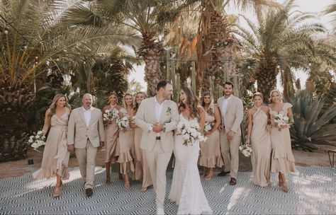 Groomsman Neutral Colors, Suits That Match Champagne Dresses, Champagne Bridesmaid Dresses With Tan Groomsmen, Taupe Bridesmaid Dresses And Tan Groomsmen, Sage And Tan Bridal Party, Tan Suit Champagne Dress, Champagne Bridal Party Attire, Gold Bridesmaid And Groomsmen, Tan And Champagne Wedding