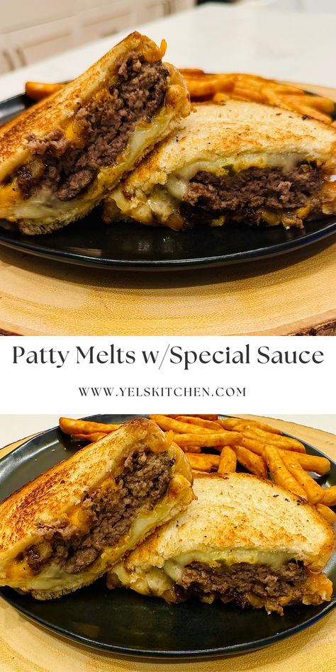 These classic homemade patty melts are made with seasoned ground beef, caramelized onions , and swiss and cheddar cheese, grilled on sourdough bread. Sourdough Sandwich Recipes, Patty Melt Recipe, Loose Meat, Grilled Beef Recipes, Seasoned Ground Beef, Sourdough Sandwich, Cheddar Cheese Sauce, Patty Melt, Grilled Bread