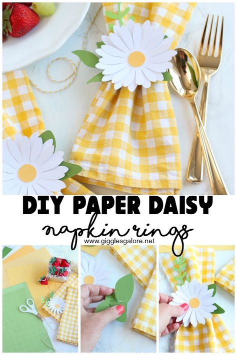 Diy paper daisy napkin rings with cricut maker Diy Paper Daisy, Planet Birthday, Paper Napkin Rings, Diy Paper Bag, Daisy Baby Shower, Summer Table Settings, Yellow Napkins, Bunny Napkins, Paper Daisy