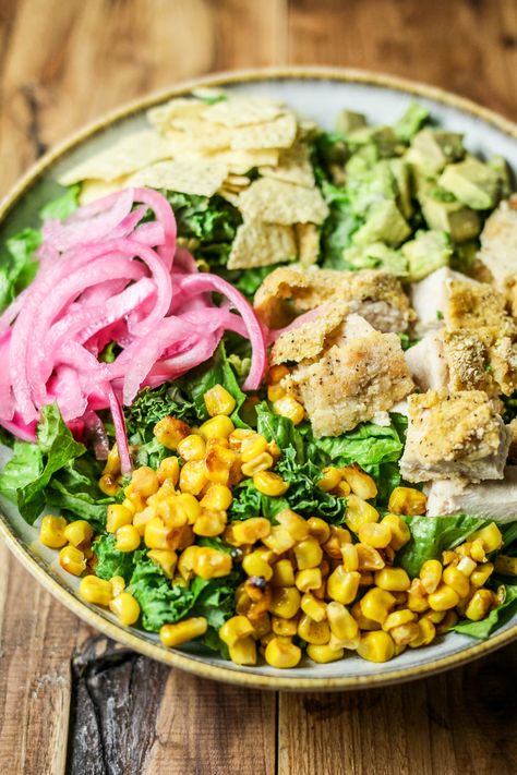 Crispy Chicken Salad with Poblano Ranch Dressing | Lilies and Loafers Poblano Dressing, Crispy Chicken Salad, Chicken Poblano, Crispy Chicken Salads, Creamed Kale, Buttermilk Ranch Dressing, Diy Dish, Honey Chicken, Pickled Red Onions