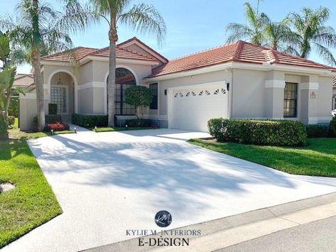 Exterior, red terra cotta tile orange roof with greige stucco and off-white trim and garage door. Kylie M Interiors Edesign, online paint colour consultant. Best exterior paint colors Terracotta Roof House, Florida Homes Exterior, Orange Roof, Kylie M Interiors, Red Roof House, Best Exterior Paint, Outside Paint, Exterior House Paint Color Combinations, Exterior House Color