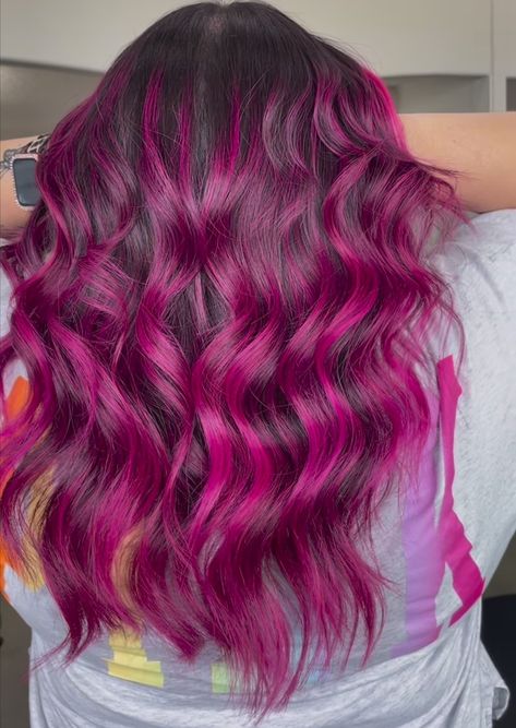 Berry Balayage Brunette, Pink Hair With Roots, Brown And Pink Ombre Hair, Fushia Balayage Hair, Vivid Balayage Hair, Magenta Balayage, Hot Pink Balayage, Magenta Hair With Pink Highlights, Dark Pink Balayage