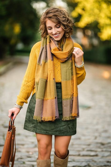 Mustard Yellow & Olive Green for Fall (Skirt, Sweater, Scarf and Bag each under $100) - Something Delightful Blog Yellow Jacket Outfit, Yellow Sweater Outfit, Yellow Skirt Outfits, Green Skirt Outfits, Mustard Yellow Outfit, Olive Green Outfit, Mustard Outfits, Mustard Yellow Skirts, Green Dress Outfit