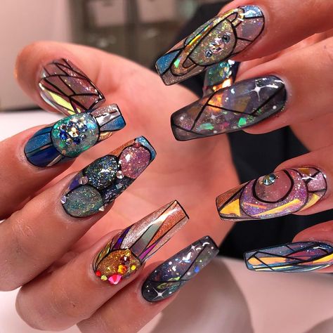 ✨Ended the work week with galaxy stained glass nails! 💕🪐🌙 Special thanks to @tina.tanaz for letting create these on her! (and also for… Stained Glass Nails, Maquillage Yeux Cut Crease, Nail Design Glitter, Galaxy Nail Art, Glass Nails Art, August Nails, Witchy Nails, Nails Yellow, Galaxy Nails