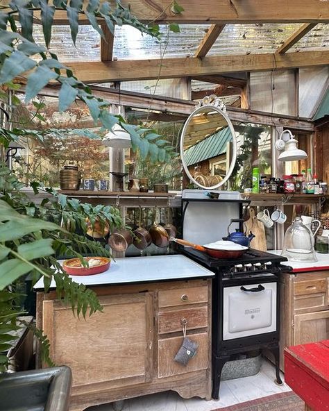 Beloved Cabin Homestead on Instagram: "The greenhouse kitchen extension… a commercial sink, garden beds, mini koi pond and plants for days! #kitchendesign #kitcheninspiration #kitchen #kitchengarden #kitcheninterior #greenhouse #diygreenhouse #greenhouseinteriors" Greenhouse Sink, Mini Koi Pond, Kitchen Greenhouse, Cabin Homestead, Jungle Kitchen, Greenhouse Kitchen, Inside Kitchen, Conservatory Kitchen, Garden Sink