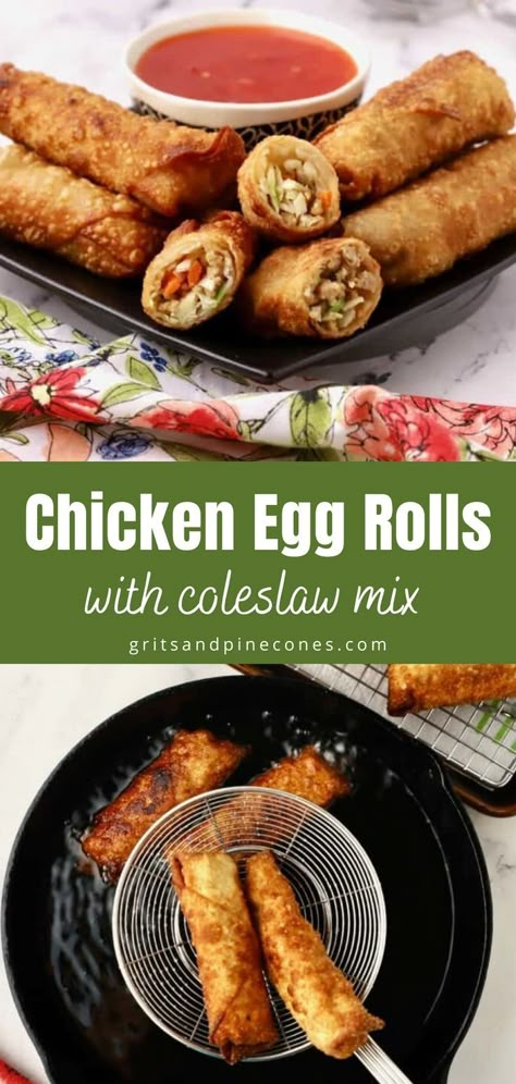 Skip Chinese takeout, these chicken egg rolls are delightfully crispy and super easy to make at home! Store-bought egg roll wrappers are filled with juicy ground chicken and coleslaw mix. They are then deep fried until perfectly golden brown and delicious! Easy Egg Rolls, Chicken Egg Rolls Recipe, Chicken And Coleslaw, Chinese Egg Rolls, Egg Roll Wrapper, Cabbage And Carrots, Egg Rolls Recipe, Chicken Egg Rolls, Crispy Egg