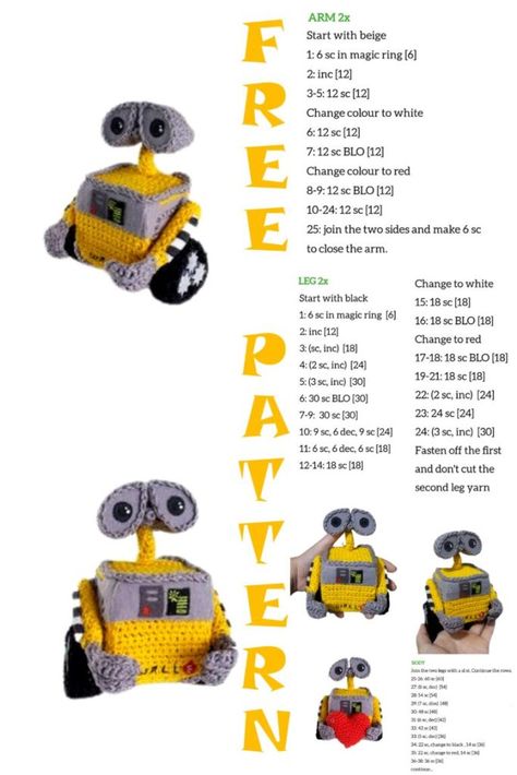 Wall-e Amigurumi Free Pattern - Amigurumibook.com Crochet Wall E Free Pattern, Wall E Crochet Free Pattern, Crochet Wall E, Crochet Critters, Disney Crochet, Disney Crochet Patterns, Persona Anime, Crochet Case, Animals And Plants