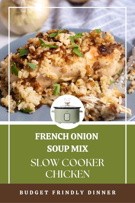 This French onion soup mix chicken in the slow cooker is a simple and tasty dish that's perfect for busy weeknights. All you need is a few basic ingredients and a little bit of time, and you'll have a hearty and satisfying meal that everyone will love! Chicken Lipton Onion Soup Recipe Crockpot, Onion Soup Mix Recipe Crockpot, Crockpot Chicken With Lipton Onion Soup, Crockpot Chicken With Onion Soup Packet, French Onion Chicken Casserole Crockpot, Onion Soup Chicken And Rice, Chicken And French Onion Soup, Lipton Onion Soup Mix Recipes Chicken, French Onion Soup Mix Chicken